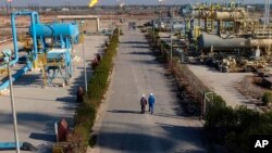 Los trabajadores caminan por un sendero en el campo de Nihran Bin Omar, al norte de Basora, a 550 kilómetros al sureste de Bagdad, el jueves 12 de enero de 2017.