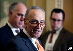 FILE - Senate Minority Leader Chuck Schumer of N.Y., center, speaks on Capitol Hill, Feb. 6, 2018.