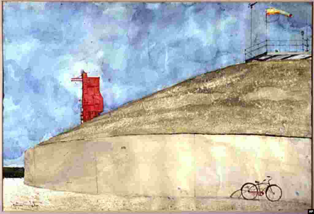 家詹姆斯.怀斯(James Wyeth)通过水彩画描绘载人太空飞行的早期时代 -- 技术人员在封闭式圆顶混凝土建筑物中工作,使用自行车作为往返于发射架的交通工具。