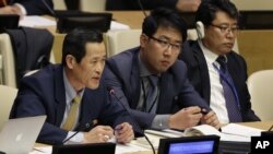 지난달 22일 뉴욕에 있는 유엔 본부에서 열린 북한 인권 토론회에서 북한 대표가 발언하고 있다. (자료사진)