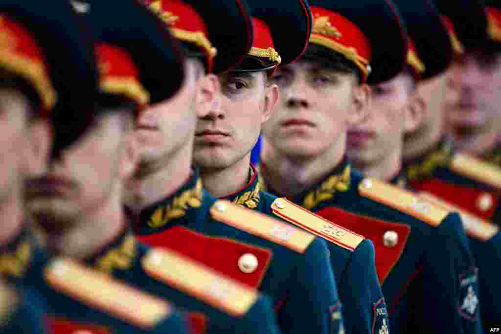 Russian honour guards look on after the opening ceremony of the International Military-Technical Forum &quot;Army-2021&quot; held in the Patriot Park, Kubinka, near Moscow.