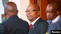 FILE - President Jacob Zuma leaves Tuynhuys, the office of the Presidency at Parliament in Cape Town, South Africa, Feb. 7, 2018. 
