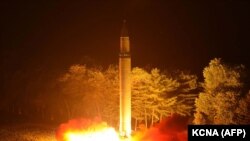 NORTH KOREA -- North Korea's intercontinental ballistic missile, Hwasong-14 is launched at an undisclosed place, in a photo release by North Korea's news agency in July 2017.