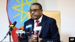 Ethiopian Prime Minister Hailemariam Desalegn is pictured at a news conference in Addis Ababa, Feb. 15, 2018. Desalegn stepped down last month; the ruling coalition has elected Abiy Ahmed as the new prime minister.