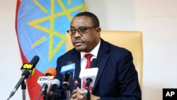 FILE - Ethiopian Prime Minister Hailemariam Desalegn is pictured at a news conference in Addis Ababa, Feb. 15, 2018. Desalegn stepped down last month amid civil and political unrest across the country; the ruling coalition has elected Abiy Ahmed as chairman, setting the stage for him to become prime minister.