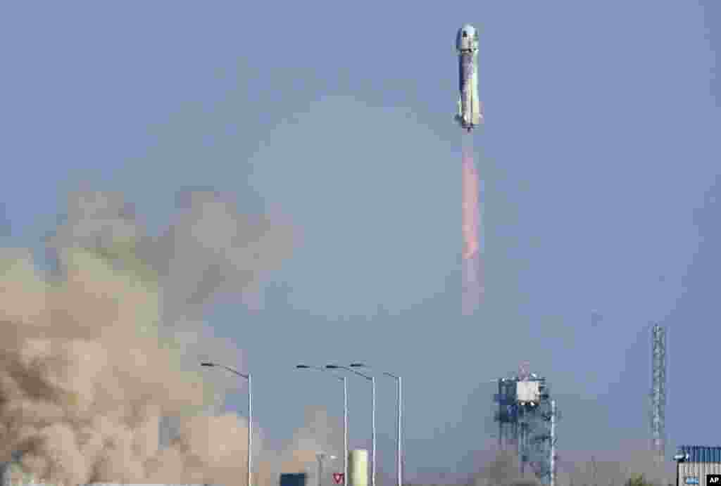 Blue Origin&#39;s New Shepard rocket launches carrying Star Trek actor William Shatner, 90, Chris Boshuizen, Audrey Powers and Glen de Vries from its spaceport near Van Horn, Texas.