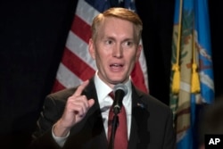 FILE - Oklahoma Republican Sen. James Lankford talks to supporters in Oklahoma City, Nov. 8, 2016.