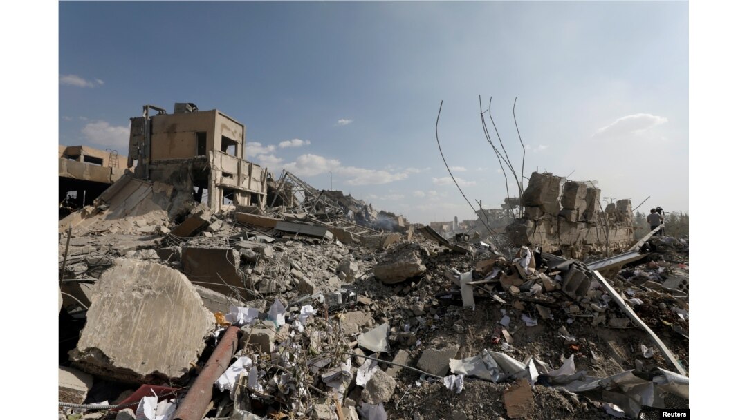 The destroyed Scientific Research Center is seen in Damascus, Syria, April 14, 2018.