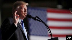 President Donald Trump speaks at Fort Myer in Arlington, Virginia, Aug. 21, 2017, during a presidential address on U.S.-Afghanistan strategy.