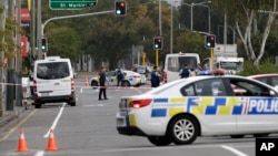 Police block the road near the shooting at a mosque in Linwood, Christchurch, New Zealand, March 15, 2019. 