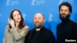 Director Timur Bekmambetov and actors Valene Kane and Shazad Latif pose during a photocall to promote the movie Profile at the 68th Berlinale International Film Festival in Berlin, Germany, February 17, 2018.