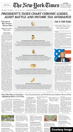 The front page of The New York Times with reports on the president's income taxes. (The New York Times)