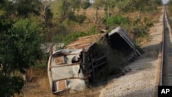 A derailed car of a train is seen on Lagos to Kano route in Nigeria.