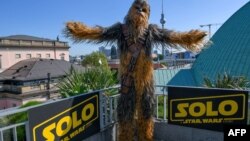 A person dressed as Chewbacca of Star Wars poses during a promotional event to present the film «Solo: A Star Wars Story» by U.S. director Ron Howard on May 4, 2018 in Berlin.