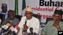 Nigerian opposition leader Muhammadu Buhari, from the Progressives Congress APC party, speaks at a press conference in Abuja, Nigeria, Sunday, Feb. 8, 2015.