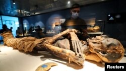 Seorang pengunjung melihat mumi di museum baru di Bandara Internasional Kairo, di Kairo, Mesir 18 Mei 2021. (Foto: REUTERS/Mohamed Abd El Ghany)