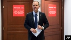 FILE - Rep. Adam Schiff, D-Calif., ranking member of the House Permanent Select Committee on Intelligence, leaves a secure area where the panel meets as Democrats seek to push back against a classified memo released by Republicans last week .