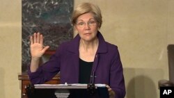 In this image from Senate Television, Sen. Elizabeth Warren, D-Mass., speaks on the floor of the U.S. Senate in Washington, about the nomination of Betsy DeVos to be education secretary, Feb. 6, 2017.