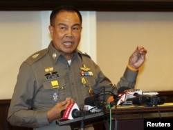 Thai national police Chief Somyot Pumpanmuang speaks during a news conference at the Royal Thai Police headquarters in central Bangkok, Aug. 20, 2015.