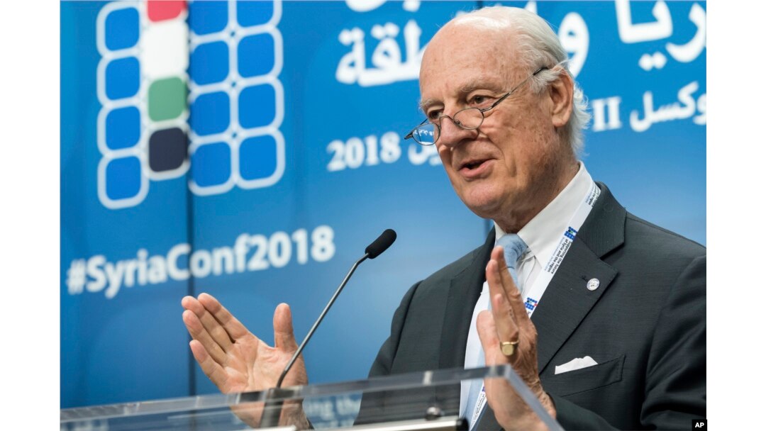 U.N. Special Envoy of the Secretary-General on Syria Staffan de Mistura addresses the media during a conference on "Supporting the Future of Syria and the Region" at the EU Council in Brussels, April 25, 2018.