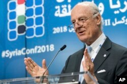U.N. Special Envoy of the Secretary-General on Syria Staffan de Mistura addresses the media during a conference on "Supporting the Future of Syria and the Region" at the EU Council in Brussels, April 25, 2018.
