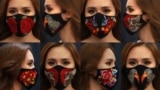 These Wednesday, April 15, 2020,combination photos, shows a woman wearing designs of embroidery masks at a fashion studio in Hanoi, Vietnam. (AP Photo/Hau Dinh)
