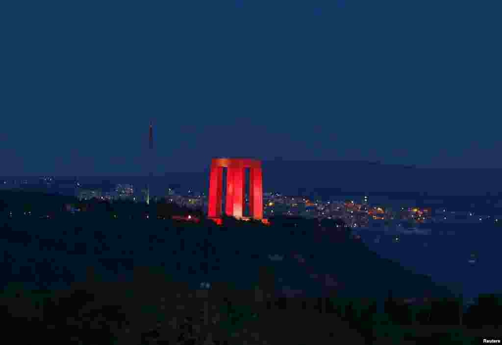 A Turkish memorial is seen on the hills overlooking the Canakkale straits, where the first battle of the Gallipoli campaign was fought ahead of the 100th anniversary of the Battle of Gallipoli, in Gallipoli, April 23, 2015. 