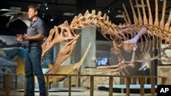 Paleontologists Paul C. Sereno in front of a model of a Spinosaurus