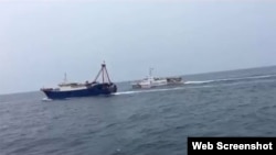 越南海警追趕驅散一艘侵入越南北部灣海域非法捕魚的中國漁船。（2019年4月7日）