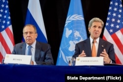 U.S. Secretary of State John Kerry, joined by Russian Foreign Minister Sergey Lavrov, addresses the media on Feb. 12, 2016, at the Hilton Hotel join Munich, Germany, following a meeting of the International Syria Support Group.