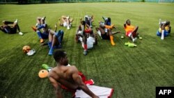 Une séance d'entraînement pour les joueurs des Black Stars, une équipe créée pour les footballeurs africains, à Moscou, le 4 juin 2018.