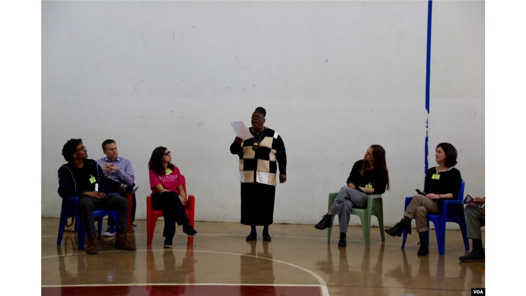 Pastor Johnson recites “My Continuing Passion” before an audience of Stella Adler Studio of Acting actors and inmates at Rikers Island, New York.