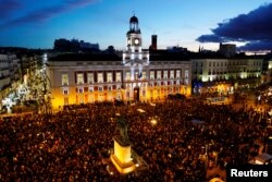 Taxi drivers attend a protest against ride-hailing services at Puerta del Sol Square in Madrid, Spain, Jan. 28, 2019.