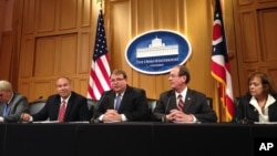 FILE - Ohio Senate President Larry Obhof, center, joins Republican leaders to introduce Senate budget changes Monday, June 12, 2017, at the Ohio Statehouse in Columbus, Ohio.