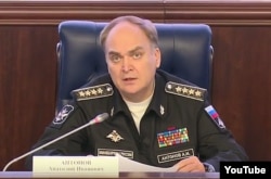 Russian Deputy Defense Minister Anatoly Antonov is seen speaking at a briefing in a screen grab taken from video from the Russian Defense Ministry's YouTube channel.