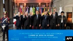 De izquierda a derecha, los presidentes: Sebastián Piñera, Tabaré Vázquez, Jair Bolsonaro, Mauricio Macri, Mario Abdo Benítez y Evo Morales, durante la 54ª Cumbre de Jefes de Estado de Mercosur y Estados asociados en Santa Fe, Argentina.