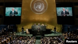 바락 오바마 미국 대통령이 20일 뉴욕 유엔본부에서 열린 71차 유엔총회에서 기조연설을 하고 있다.