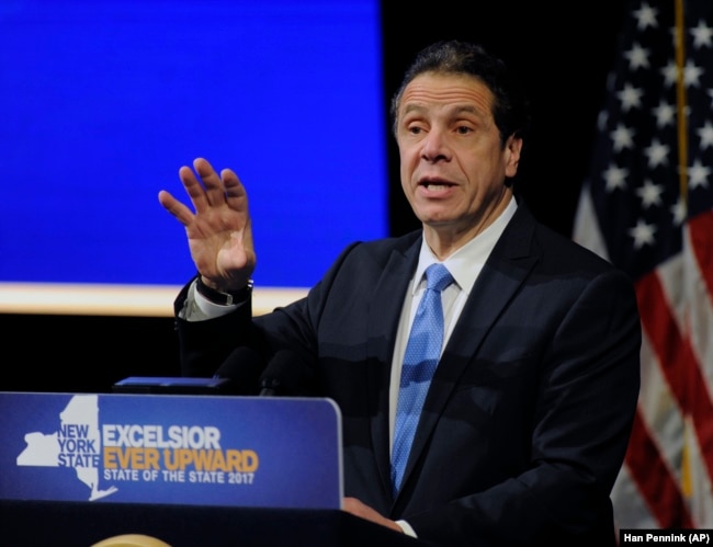 In this January 11, 2017 photo, New York Governor Andrew Cuomo gives a speech about the Excelsior Scholarship at one of his state of the state addresses at State University of New York in Albany, New York.