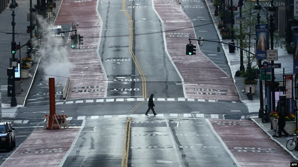 A deserted 42nd Street is seen in midtown New York on April 19, 2020 during the COVID-19, coronavirus epidemic.