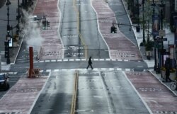 A deserted 42nd Street is seen in midtown New York on April 19, 2020 during the COVID-19, coronavirus epidemic.