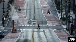 A deserted 42nd Street is seen in midtown New York on April 19, 2020 during the COVID-19, coronavirus epidemic.
