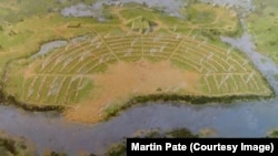 This painting of the Poverty Point Mound site depicts the raised concentric half-circles, where archeologists believe people built their homes.