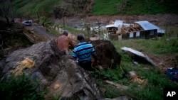 Salvador Sortre Vazquez, center, and his brother, Angel Luis, walk on the mountain in direction in what is left of their house destroyed by Hurricane Maria, in Morovis, Puerto Rico, Oct. 1, 2017. 