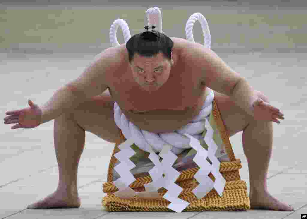 Sumo grand champion Hakuho of Mongolia performs his ring entry forms at the Meiji Shrine in Tokyo, Japan. The Shinto ritual is part of the annual New Year&#39;s celebrations at the shrine.