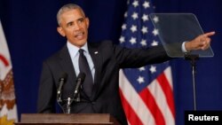 L'ancien président des États-Unis, Barack Obama, prononce un discours à l'Université de l'Illinois, Urbana-Champaign, à Urbana, Illinois, États-Unis, 7 septembre 2018.