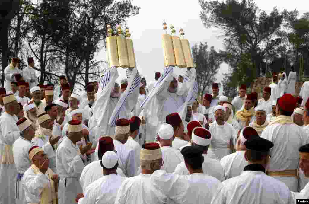 Members of the Samaritan sect take part in a traditional pilgrimage marking the holiday of Passover on Mount Gerizim, near the West Bank city of Nablus.