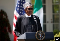 FILE - Nigerian President Muhammadu Buhari speaks during a news conference with President Donald Trump in the Rose Garden of the White House in Washington, April 30, 2018.