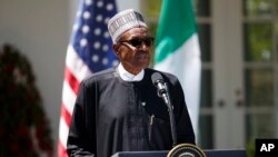 Le président nigérian Muhammadu Buhari lors d'une conférence de presse avec le président Donald Trump à la Maison Blanche, Washington, le 30 avril 2018.