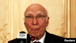 FILE - Sartaj Aziz, Pakistan Prime Minister Nawaz Sharif's adviser on foreign affairs.
