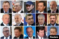 Istaknuti ruski biznismeni i zvaničnici na listi američkih sankcija, s leva na desno: Oleg Deripaska, Vladimir Bogdanov, Sulejman Kerimov, Kirill Šamalov, Viktor Vekselberg, Mihail Fradkov, Sergej Fursenko, Aleksej Djumin, Vladimir Kolokocev, Konstantin Kosačev, Andrej Kostin, Aleksej Miler, Nikolaj Patrušev, Vladimir Justinov, Viktor Zolotov.